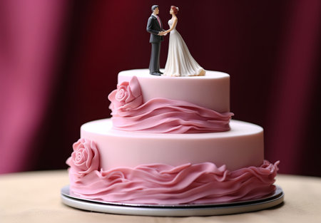 Two-tier white wedding cake with a mastic and bridegroom figurine as decorationの素材