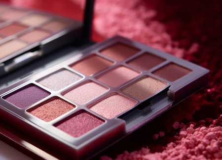 A close-up of pearlescent shimmery palette of pink eyeshadows for creating eye makeupの素材