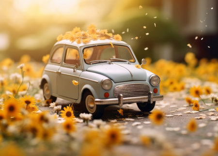 A small blue childrens car stands on an autumn yellow background and beautiful white daisies are on itの素材