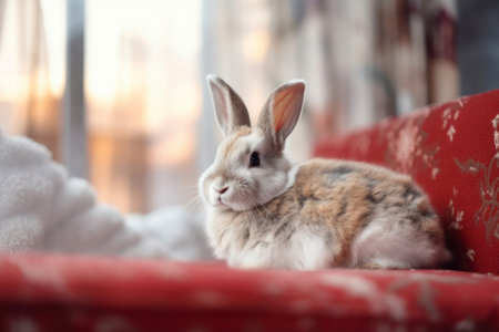 The domestic decorative rabbit of white gray color lies on the sofa bed in warmth and comfort.の素材