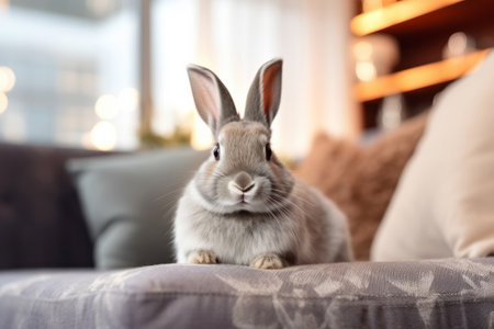 The domestic decorative rabbit of white gray color lies on the sofa bed in warmth and comfort.の素材