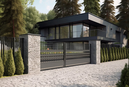 A gray private house of two floors hidden behind a fence with automatic sliding brown gatesの素材