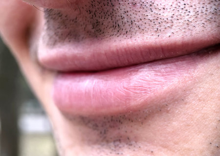 Closeup of the mouth of a smiling man with a little stubble. Parts of the human body, lips.