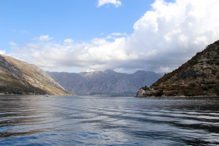 View of Boka Kotor lake in Montenegro with mountains in the backgroundの写真素材