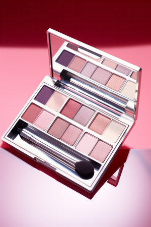 A close-up of pearlescent shimmery palette of pink eyeshadows for creating eye makeupの素材