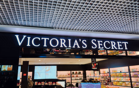 Riga, Latvia - April 24, 2023: Close-up sign of the Victorias Secret boutique in the airportのeditorial素材