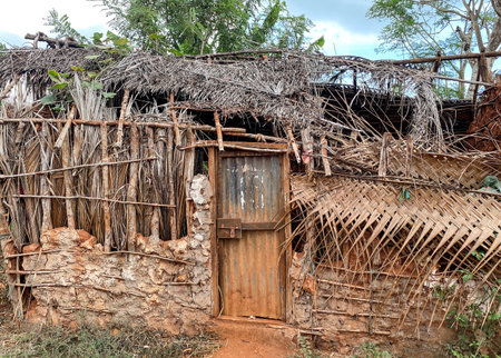 A ruined house in an African village on a clear sunny dayの写真素材