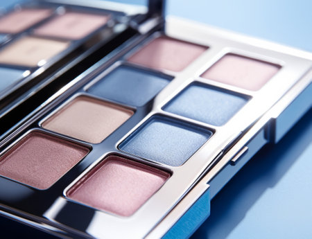 A close-up of pearlescent shimmery palette of blue eyeshadows for creating eye makeup.の素材