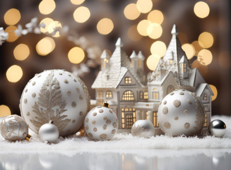 Christmas composition. Christmas balls white and silver, decorative house, christmas tree on white backgroundの素材