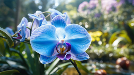 Close up of a blue orchid with a garden in the backgroundの素材