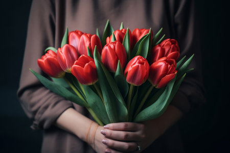 Close-up of a bouquet of red tulips in the hands of a girl in a blouse on a dark backgroundの素材