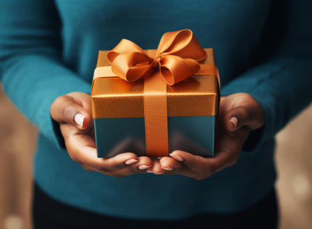 Woman hand holding a gift with gold ribbon bow on blue backgroundの素材