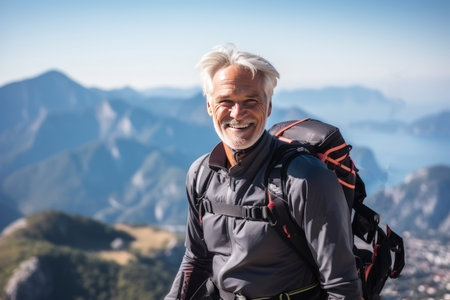 A man with a backpack on the top of mountainの素材