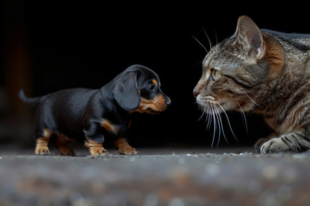 Curious dachshund puppy and cat stand close togetherの素材