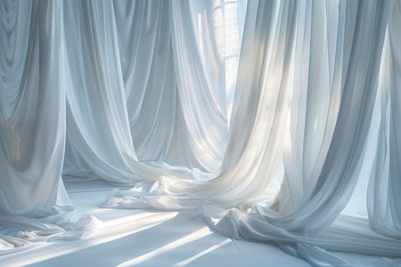 Bright and airy room filled with flowing white curtainsの素材
