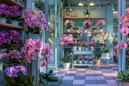 Colorful assortment of blooming orchids in a flower shopの素材