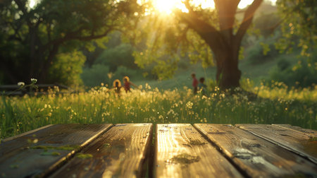 Close-up of a worn wooden picnic table with character, perfect for a summer picnic themeの素材
