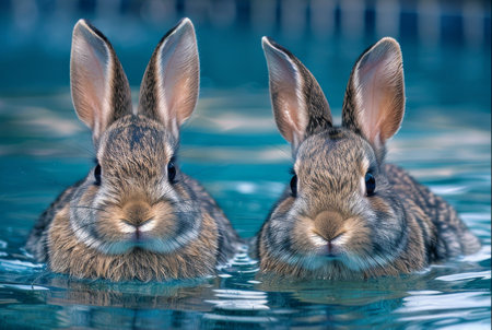 Two adorable rabbits relax on a blue inflatable tube in a swimming poolの素材