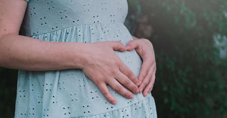 A pregnant woman is holding her belly in the shape of a heartの写真素材