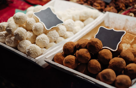 Two trays of chocolate and white desserts sit side by side