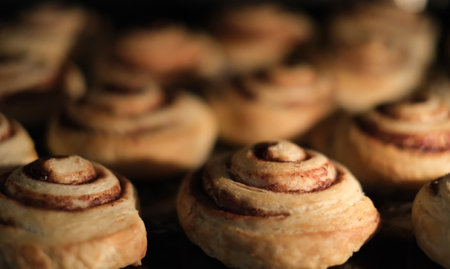 Close-up of freshly baked cinnamon rolls.