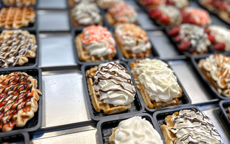 Various waffles topped with whipped cream, chocolate sauce, and other sweet toppings