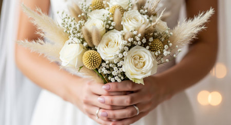 A hyper-realistic, high-detail close-up photograph of a brides hands gently holding a gorgeous wedding bouquetの素材