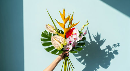 A hand holds a beautiful, elegant bouquet of fresh flowers against a bright, light blue background.の素材