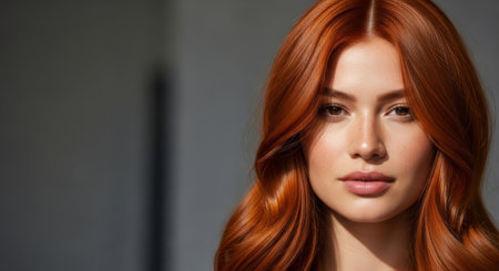 A striking rear view of a woman with beautiful hair dyed a vibrant ginger colorの素材