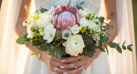 A hyper-realistic, high-detail close-up photograph of a brides hands gently holding a gorgeous wedding bouquet filled with pale pink protea Blushing Bride, ivory Freesias, soft foliageの素材
