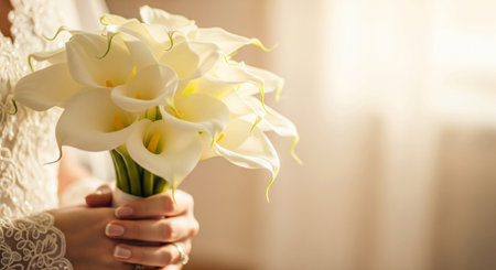 A hyper-realistic, high-detail close-up photograph of a brides hands gently holding a gorgeous wedding bouquet filled with white Calla Liliesの素材