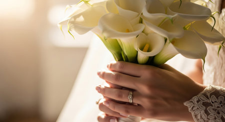 A hyper-realistic, high-detail close-up photograph of a brides hands gently holding a gorgeous wedding bouquet filled with white Calla Liliesの素材