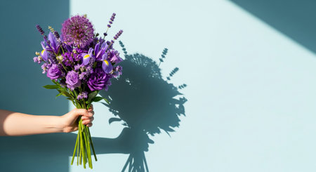 A hand holds a beautiful, elegant bouquet of fresh flowers against a bright, light blue backgroundの素材