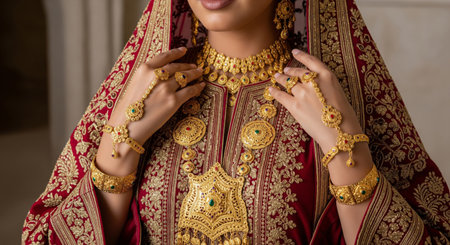 A beautiful woman, dressed in a traditional Omani green kaftan with elaborate gold embroidery, a headscarf, and stunning heavy gold jewelryの素材