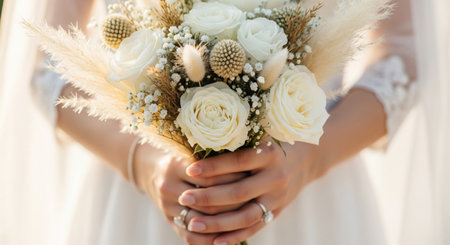 A hyper-realistic, high-detail close-up photograph of a brides hands gently holding a gorgeous wedding bouquetの素材