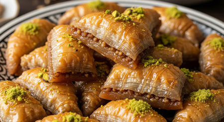 Extreme close-up of a piece of golden Baklava, a traditional Middle Eastern or Mediterranean dessertの素材
