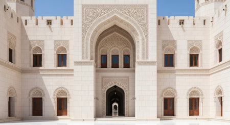 A stunning, symmetrical, and head-on photograph of an intricate architectural facadeの素材