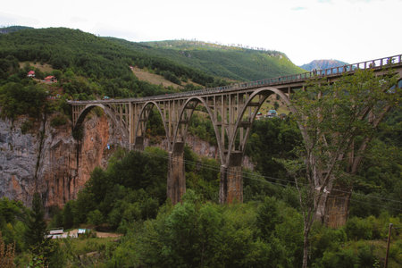 A wide-angle, iconic view of the Tara Bridge, a massive concrete arch bridge spanning the deep Tara River Canyon in Montenegro.の写真素材