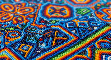 An extreme close-up, macro shot of a brightly coloured piece of intricate beadwork or mosaic, consistent with traditional Huichol art from Mexico.の素材