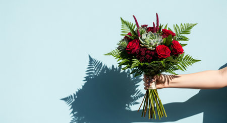 A hand holds a beautiful, elegant bouquet of fresh flowers against a bright, light blue backgroundの素材