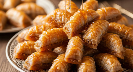 Extreme close-up of a piece of golden Baklava, a traditional Middle Eastern or Mediterranean dessertの素材