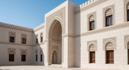 A stunning, symmetrical, and head-on photograph of an intricate architectural facadeの素材
