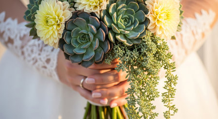 A hyper-realistic, high-detail close-up photograph of a brides hands gently holding a gorgeous wedding bouquet filled with Large Succulents, cream Dahlias, trailing Sedumの素材