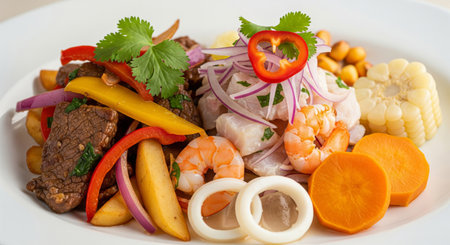 A mouth-watering, extreme close-up shot of a beautifully presented Peruvian-style seafood dish, likely a vibrant ceviche or a saute, showcasing the fresh, colourful ingredientsの素材