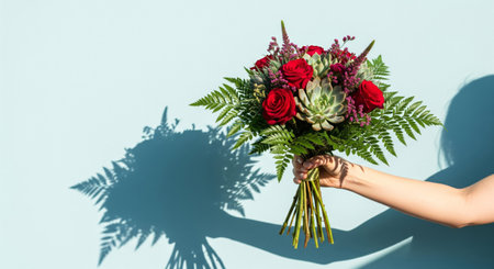 A hand holds a beautiful, elegant bouquet of fresh flowers against a bright, light blue backgroundの素材
