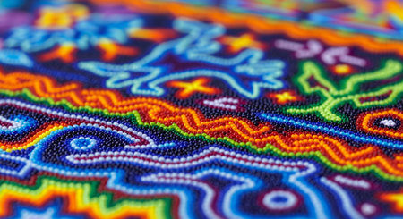An extreme close-up, macro shot of a brightly coloured piece of intricate beadwork or mosaic, consistent with traditional Huichol art from Mexico.の素材