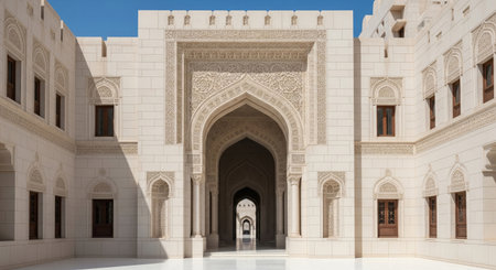 A stunning, symmetrical, and head-on photograph of an intricate architectural facadeの素材
