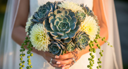 A hyper-realistic, high-detail close-up photograph of a brides hands gently holding a gorgeous wedding bouquet filled with Large Succulents, cream Dahlias, trailing Sedumの素材