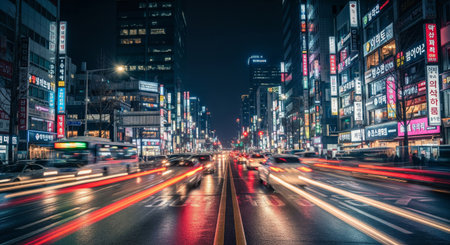 A dynamic night shot of a bustling South Korean city street, likely Gangnam or Myeongdong in Seoulの素材