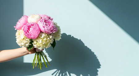 A hand holds a beautiful, elegant bouquet of fresh flowers against a bright, light blue background.の素材